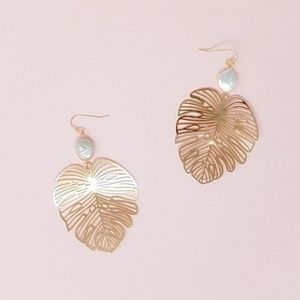 Gold Philodendron Pearl Drop Earrings